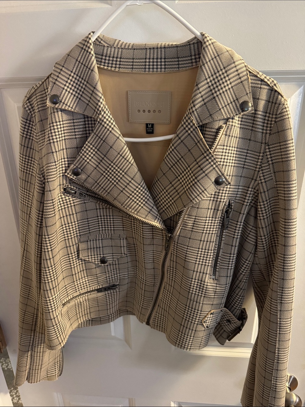 Blank NYC Beige and Black Plaid Moto Blazer